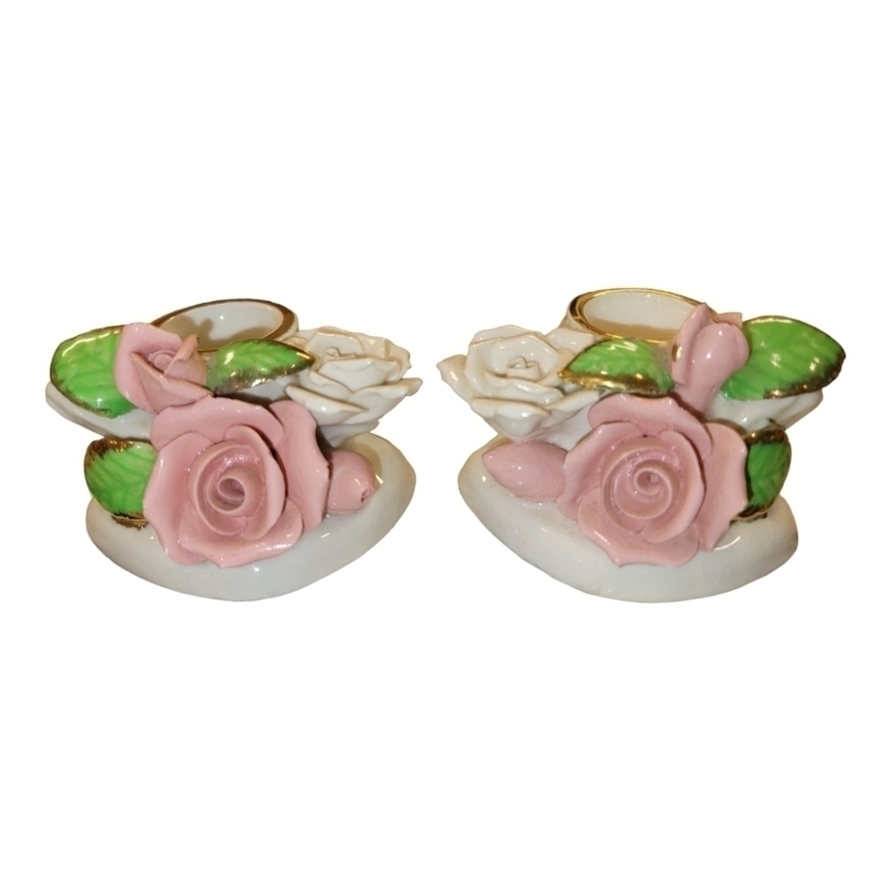 Vintage ACME WARE Candle Holders White & Pink Roses Made in Japan
